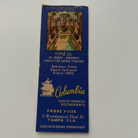 Columbia Gem Of Spanish Restaurants Tampa FL Vintage Matchbook Cover STK2-ZM1-4 - Picture 1 of 2